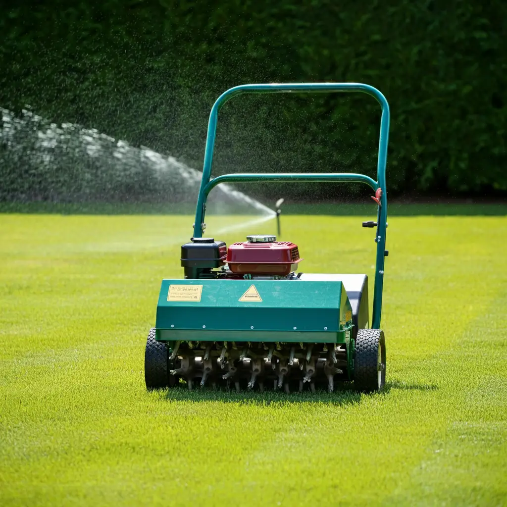 "A professional landscaper in uniform applies green fertilizer to a lush, healthy lawn using a spreader. Another technician sprays a targeted weed control solution on visible weeds. The lawn is vibrant and well-maintained, surrounded by flower beds and shrubs, under a clear sky."