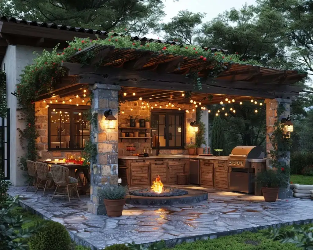 "Luxurious outdoor kitchen covered by a pergola, featuring a sink, refrigerator, grille, and firepit. This elegant setup offers the perfect blend of functionality and comfort for memorable outdoor gatherings. #OutdoorKitchen #Pergola #Grille #Firepit #BackyardDesign"